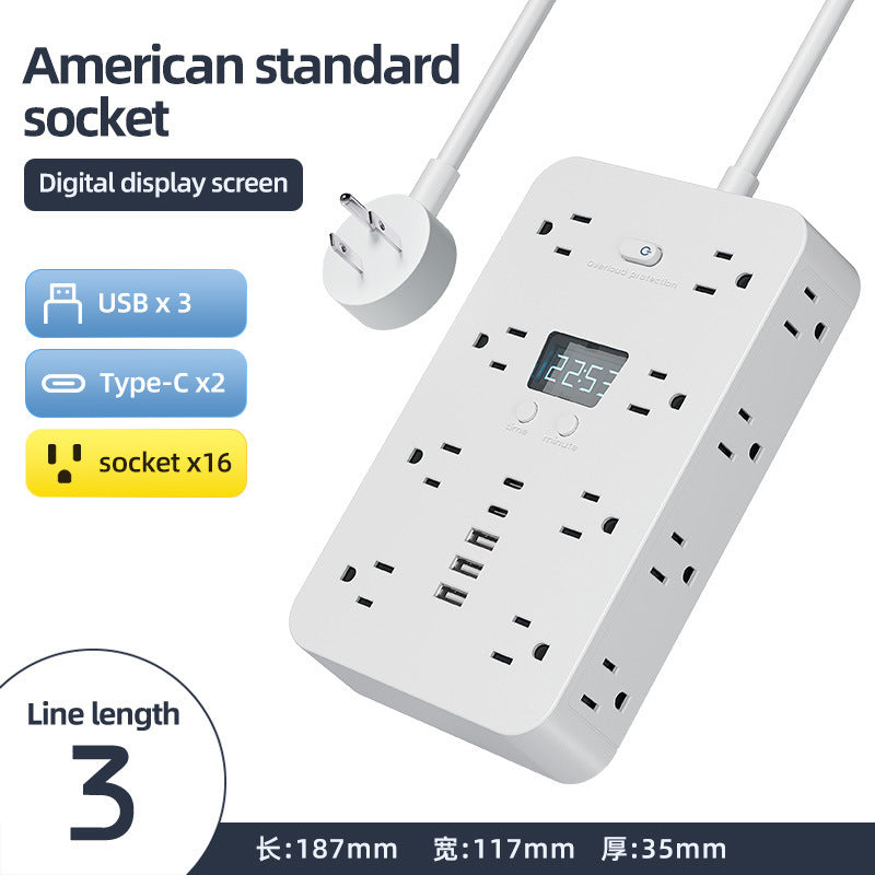 Power Strip — 16 AC Outlets, 3 USB + 2 USB-C, 10 ft Cord