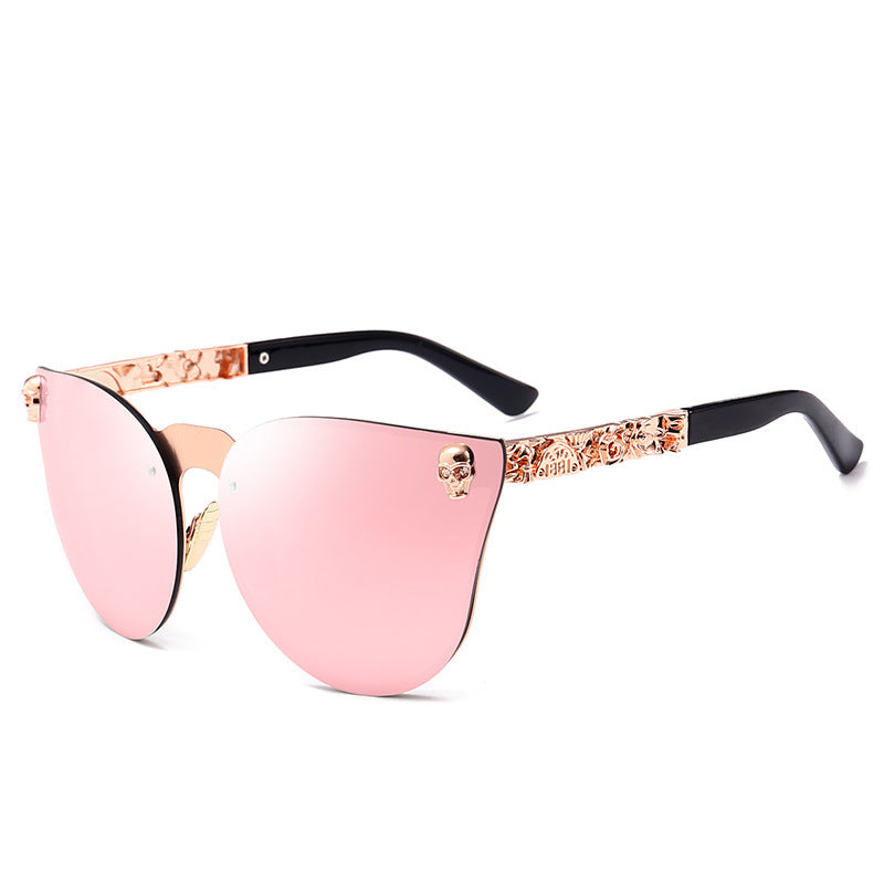 Skull Detail Cat-Eye Sunglasses – Mirrored Lens Metal Frame
