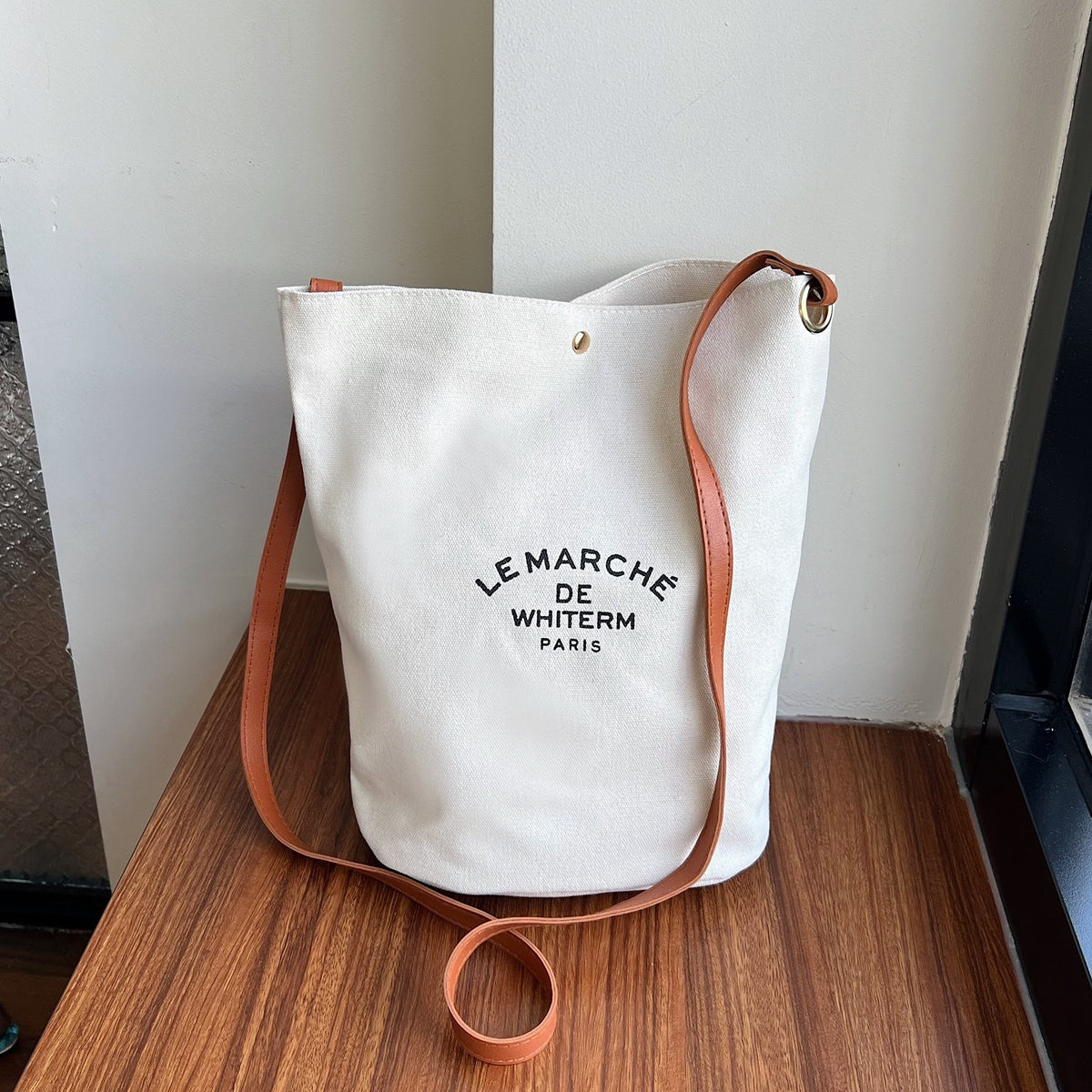 Women's Canvas Bucket Shoulder Bag – Minimalist Letter Print Crossbody Purse
