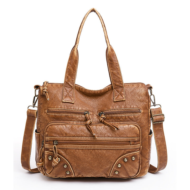 Women's Retro Washed Tote Bag – Soft Vegan-Friendly Imitation Leather Multi-Pocket Shoulder Handbag