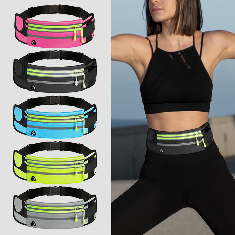A collage of images showcasing waist bags in various colors, with the primary image featuring a woman wearing a black sports bra and carrying a blue and black waist bag.