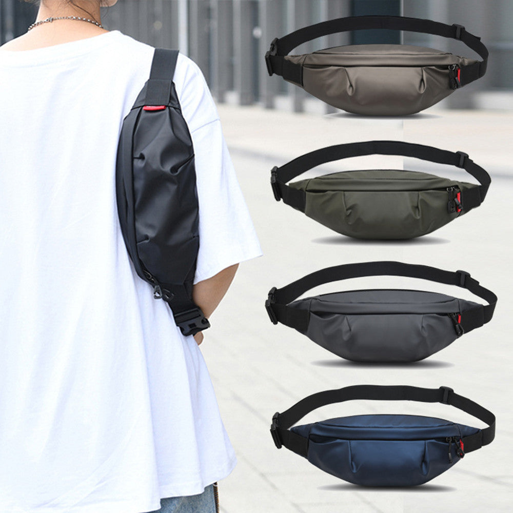 A selection of fanny packs in different colors, displayed horizontally. From left to right: black, dark gray, champagne gold, and dark blue.