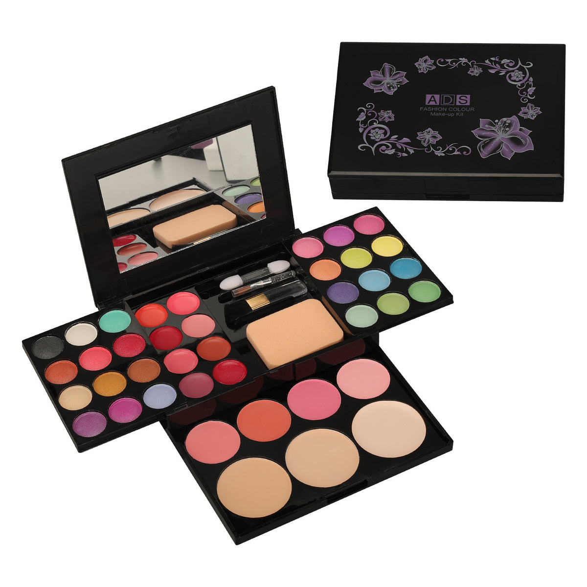A makeup set for women displayed open with various colors of eyeshadow, blush, and concealer palettes along with a mirror on a black compact case.