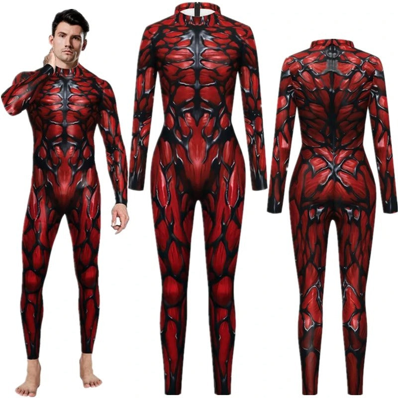 A red and black geometric patterned one-piece bodysuit for men, displayed from multiple angles.