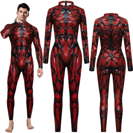 A red and black geometric patterned one-piece bodysuit for men, displayed from multiple angles.