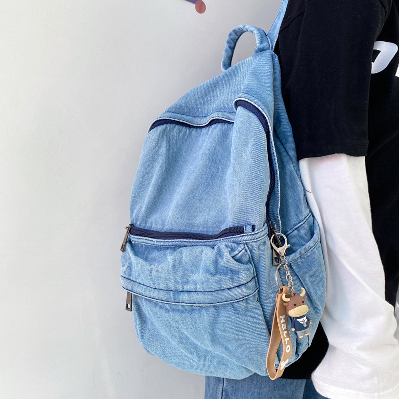 Washed Denim Backpack – Minimalist Canvas Shoulder Bag in Blue & Grey