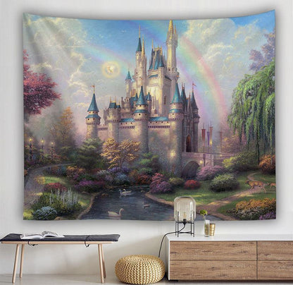 A rectangular tapestry featuring a fantasy castle with a rainbow, displayed over a table and chairs, with a wooden floor and a window in the background.