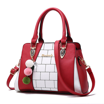 Women's Color Block Satchel Handbag – Large PU Leather Shoulder Bag with Pom-Pom Charm