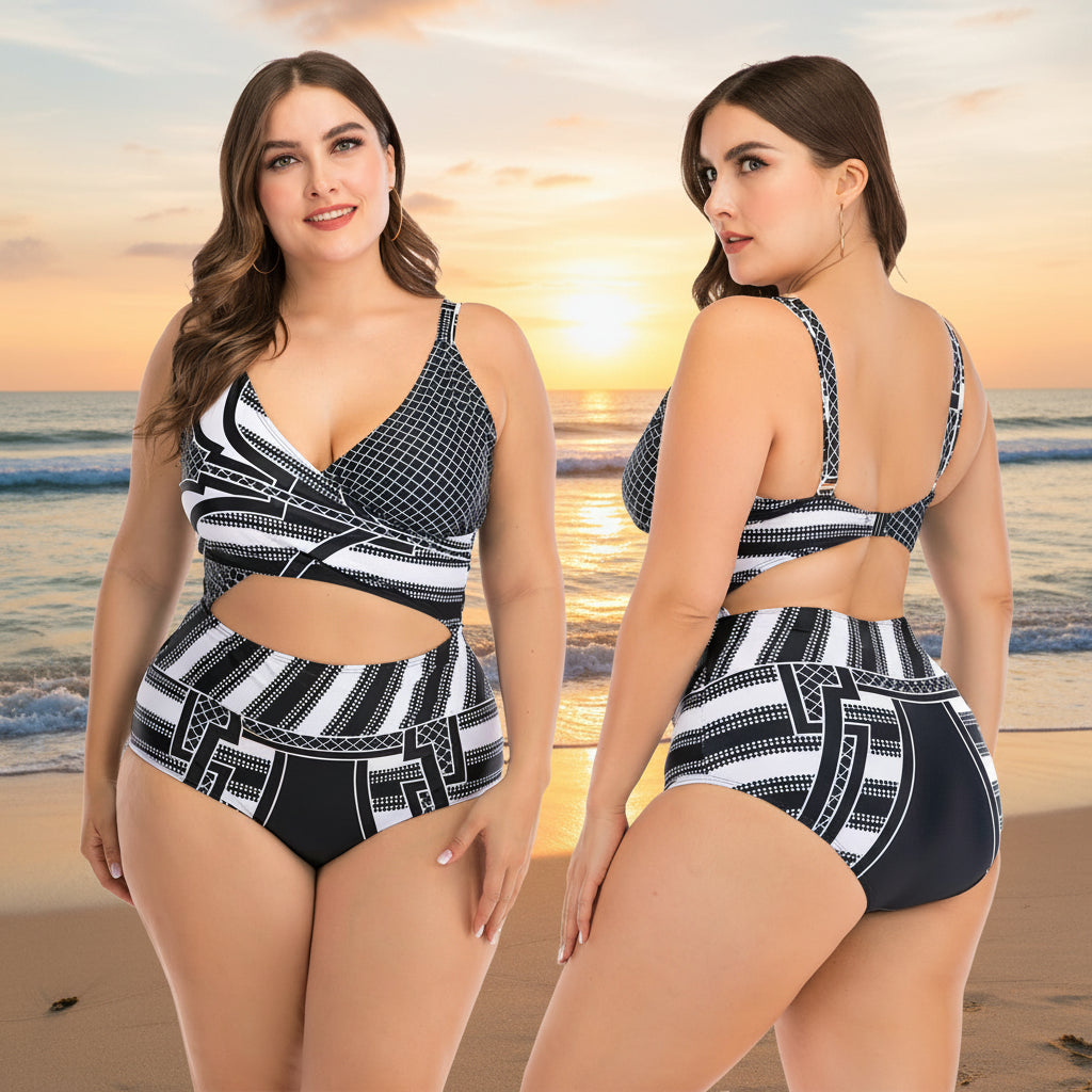 Two angles of a plus-size model wearing a one-piece swimsuit with a geometric pattern in black and white. The swimsuit has a high waist and open back design.