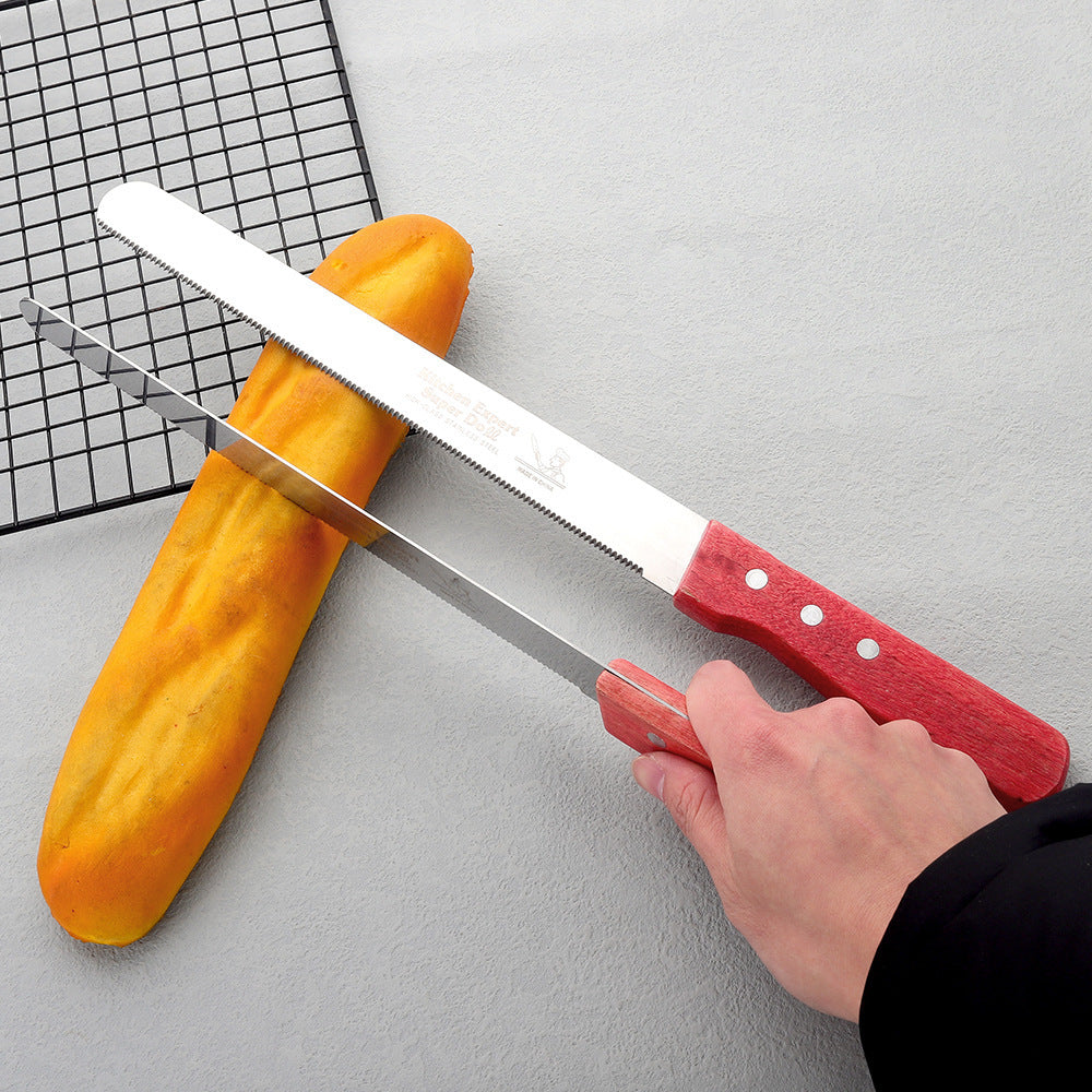 10-Inch Bread Knife Set – 3-Piece Stainless Steel, Red Wooden Handle