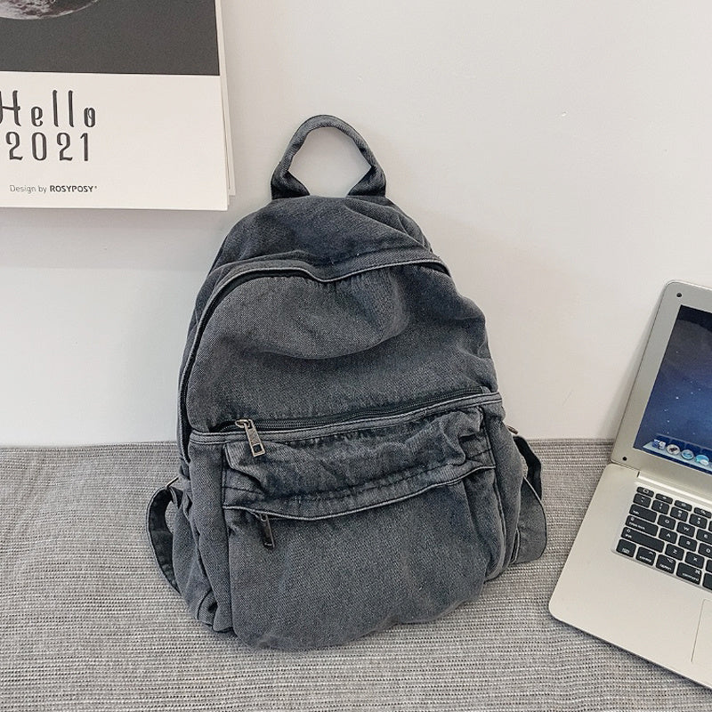 Washed Denim Backpack – Minimalist Canvas Shoulder Bag in Blue & Grey