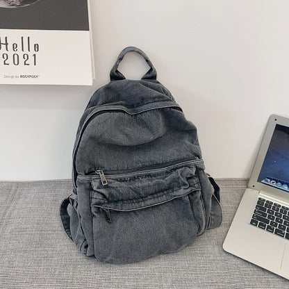 Washed Denim Backpack – Minimalist Canvas Shoulder Bag in Blue & Grey