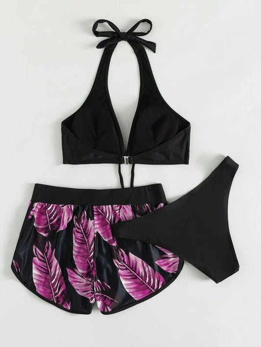 Women's 3-Piece Bikini Set with Shorts – Printed Summer Beach Swimsuit