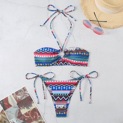 Women's Halter Plaid & Stripe Bikini Set | Two-Piece Swimsuit