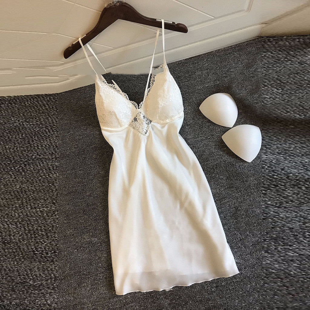 Satin Sling Slip Dress Pajamas with Built-In Chest Pad | Sexy Lingerie Nightgown
