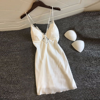Satin Sling Slip Dress Pajamas with Built-In Chest Pad | Sexy Lingerie Nightgown