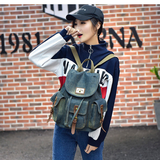 Women's Retro Denim Drawstring Backpack – Casual Shoulder Bag