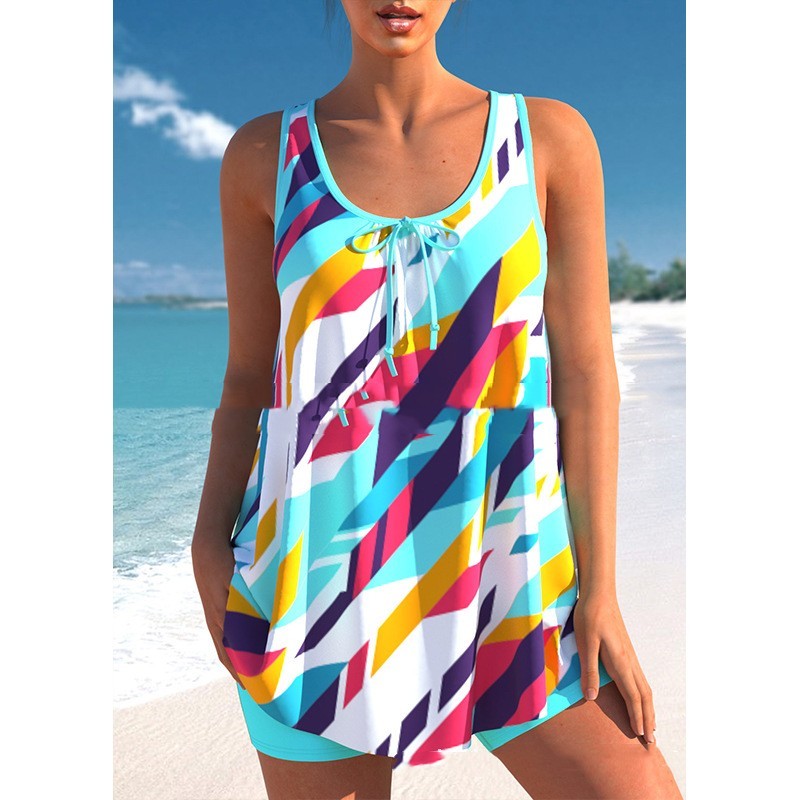 A collage of three women's plus size skirted bikini swimsuits in various prints, including black and white geometric patterns, dark blue, and light blue stripes.
