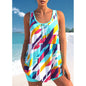 A collage of three women's plus size skirted bikini swimsuits in various prints, including black and white geometric patterns, dark blue, and light blue stripes.