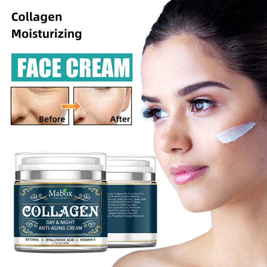 An advertisement image for a collagen moisturizing face cream showing the product's container, the brand's logo, and a before and after comparison of the cream's effect on skin appearance. A woman is featured prominently in the background.