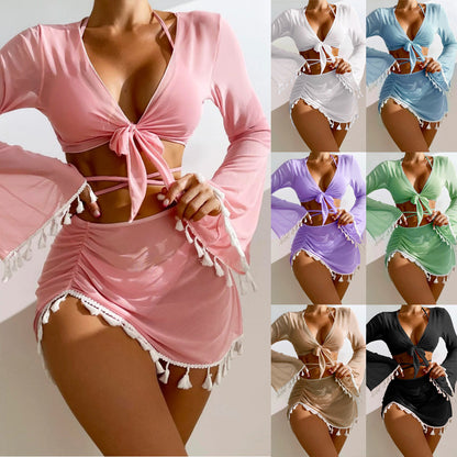 A collage of solid color bikinis with short skirts and long sleeve cover-ups in various colors, featuring bow ties and fringed details.
