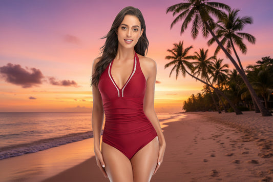 A woman wearing a red halterneck one-piece swimsuit with lace-up details at the front.