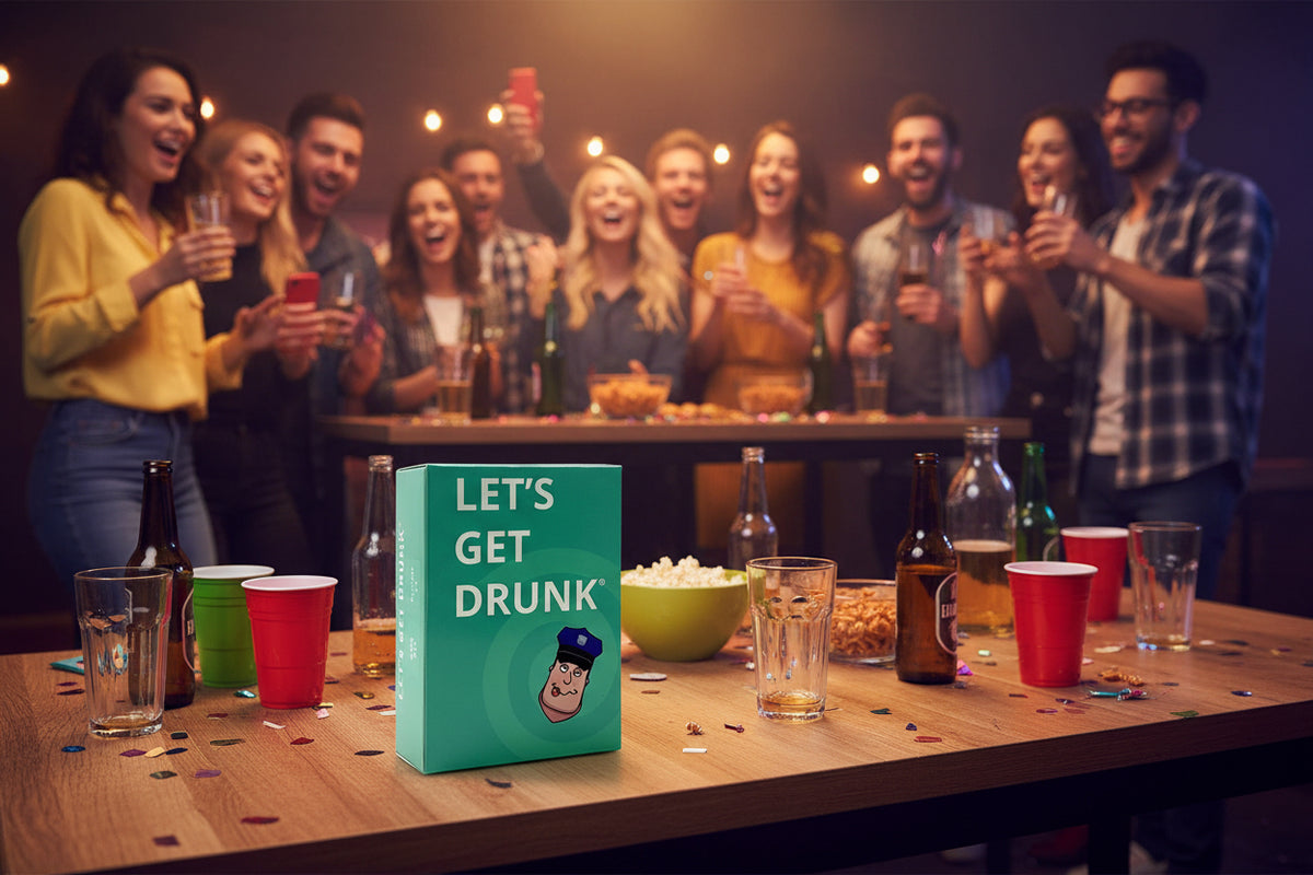 A teal-colored box with the text 'LET'S GET DRUNK' on the cover, featuring an illustration of a cartoon cop's face.