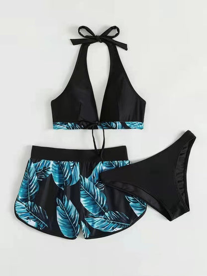 Women's 3-Piece Bikini Set with Shorts – Printed Summer Beach Swimsuit