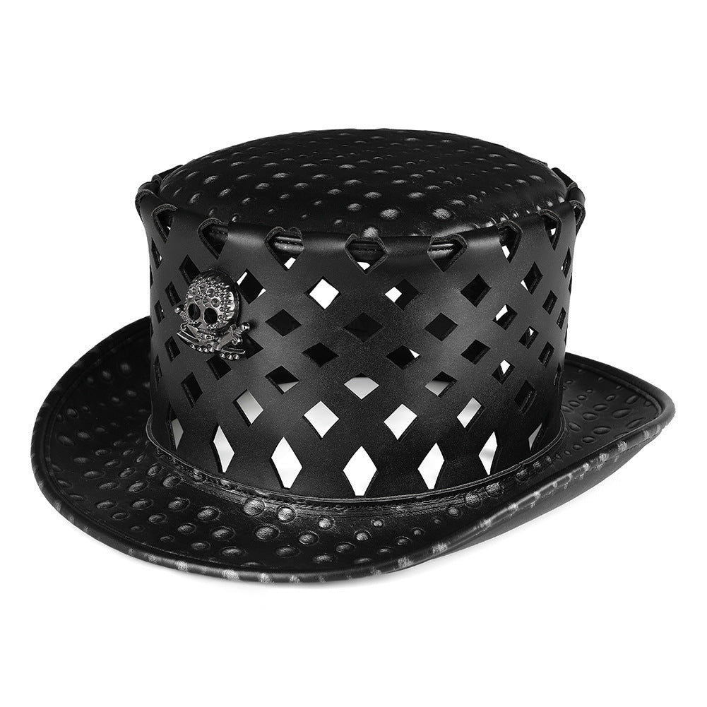 Black PU leather top hat with a dome shape and cut-out geometric patterns, featuring a decorative emblem on the side.