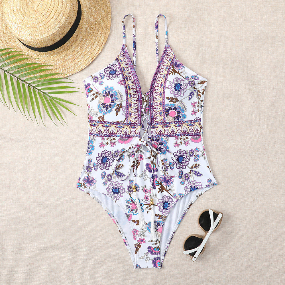 Women's Deep V Tie One-Piece Swimsuit | Floral Print