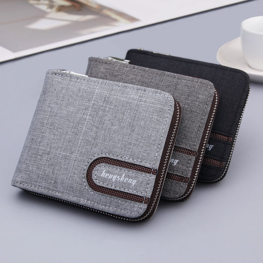 A collection of canvas short multifunctional wallets for men, displayed in black and gray colors, featuring a zipper opening and a front brand logo.