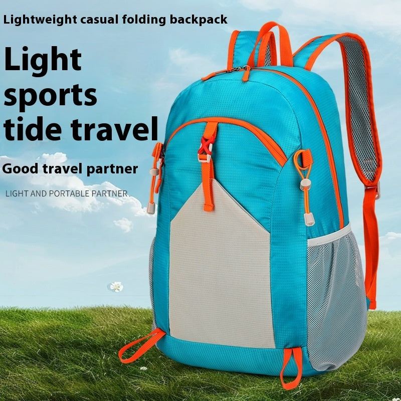 A promotional image of a lightweight casual folding backpack in blue, orange, and gray colors, presented against a natural outdoor background.