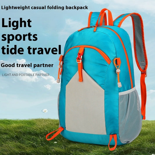 A promotional image of a lightweight casual folding backpack in blue, orange, and gray colors, presented against a natural outdoor background.