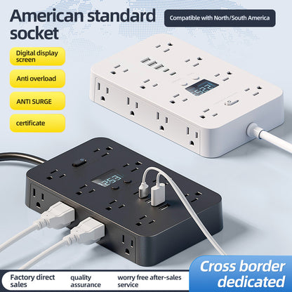 A power strip with American standard sockets, featuring a digital display screen, anti-overload, anti surge, and a certification mark. The product is shown in two colors: white and black.