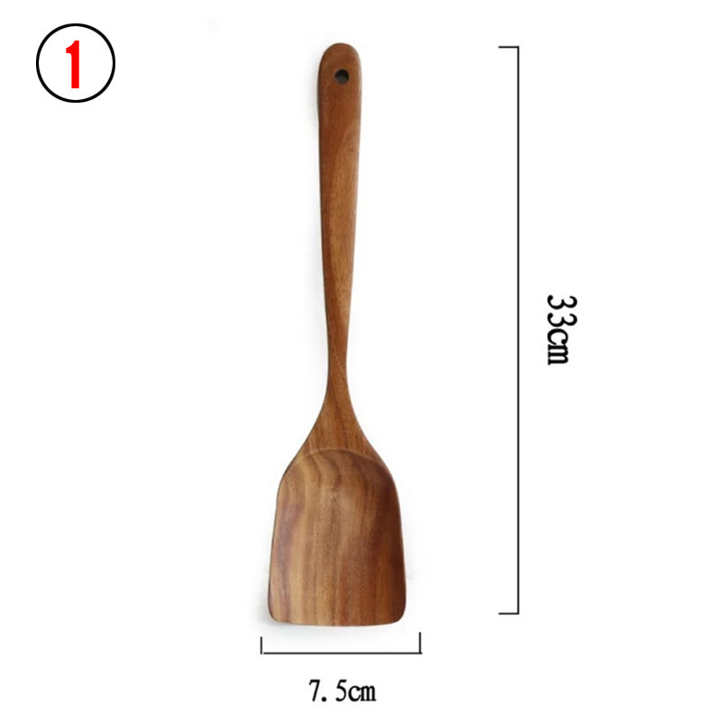 A set of wooden kitchen utensils including a ladle, spoon, turner, and colander, displayed in a clear container on a kitchen counter.