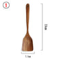 A set of wooden kitchen utensils including a ladle, spoon, turner, and colander, displayed in a clear container on a kitchen counter.