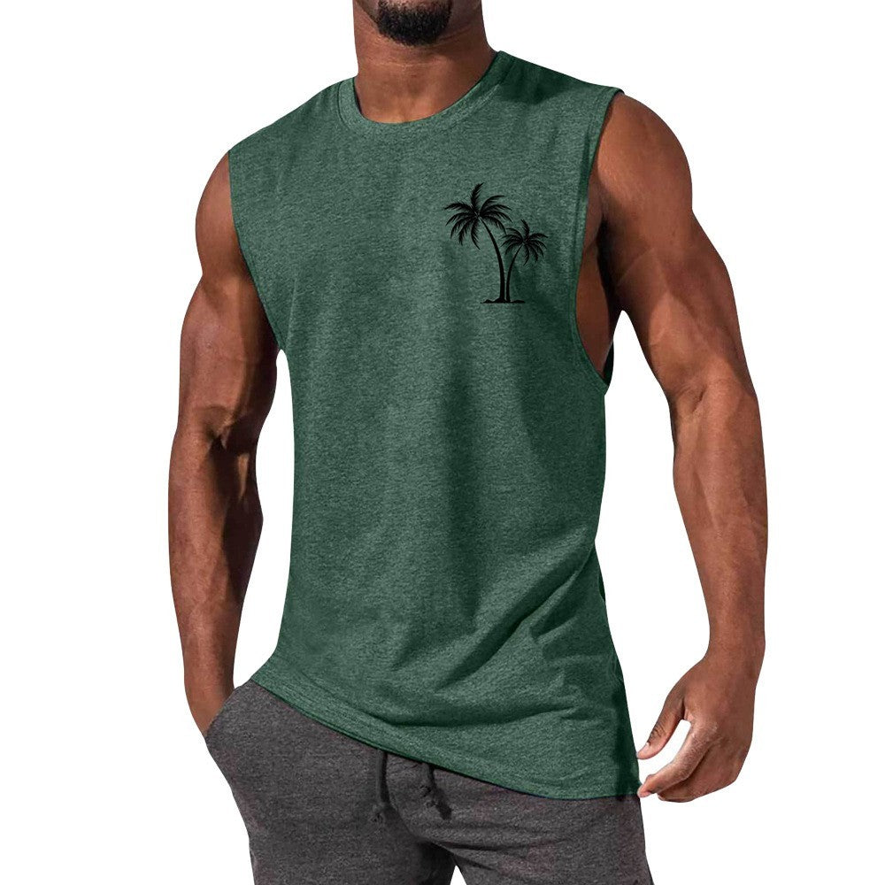 Men's Coconut Tree Embroidery Beach Tank Top – Summer Muscle Workout Shirt