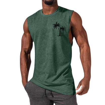 Men's Coconut Tree Embroidery Beach Tank Top – Summer Muscle Workout Shirt