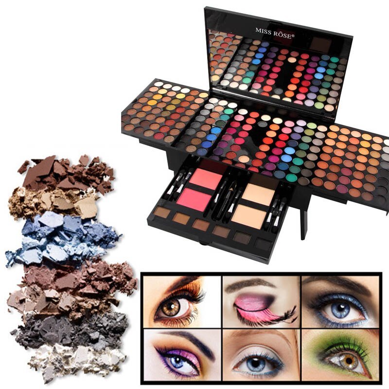 A set of various colored eye shadows displayed both in loose powder form and in a palette, with small images showing the eye shadow's application on different eye colors.