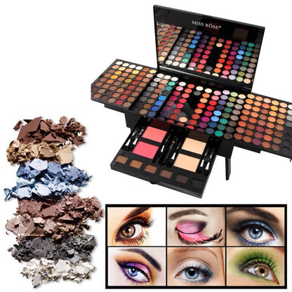 A set of various colored eye shadows displayed both in loose powder form and in a palette, with small images showing the eye shadow's application on different eye colors.
