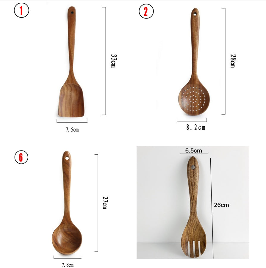 A set of wooden kitchen utensils including a ladle, spoon, turner, and colander, displayed in a clear container on a kitchen counter.