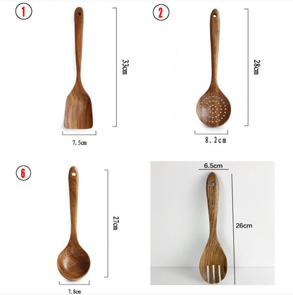 A set of wooden kitchen utensils including a ladle, spoon, turner, and colander, displayed in a clear container on a kitchen counter.