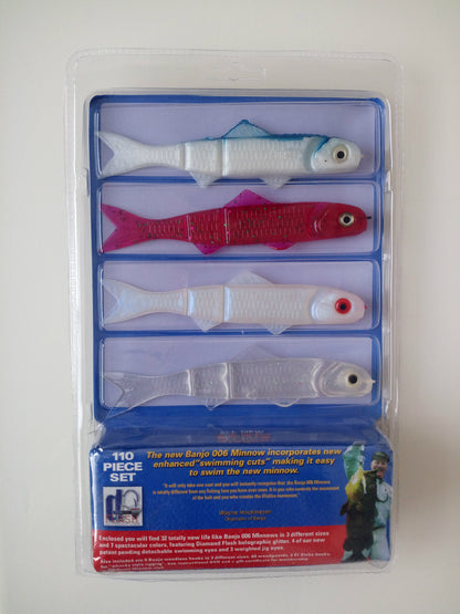 Banjo Minnow 006 Fishing Lure Set – 110-Piece Soft PVC Lure Kit for Fresh & Saltwater