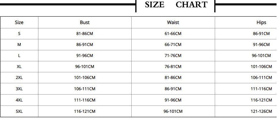 Size chart for clothing with bust, waist, and hips measurements.