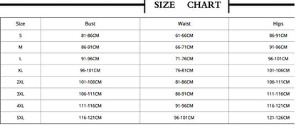 Size chart for clothing with bust, waist, and hips measurements.