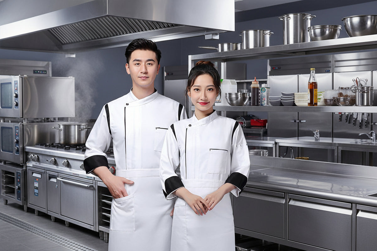 A male and a female chef wearing white long sleeve chef coats with black color blocking.