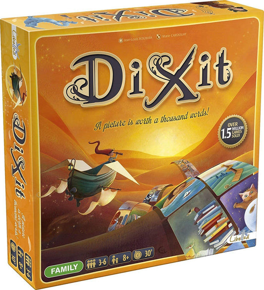 The image shows the packaging of the board game 'DiXit', featuring illustrations of fantasy characters and a magical theme.