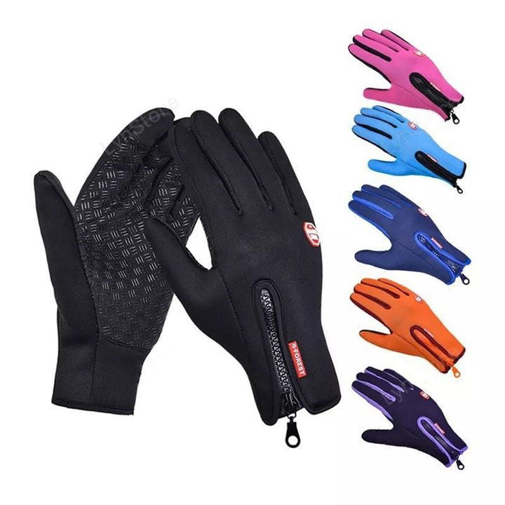 Black gloves with a zipper and additional colored gloves on a white background