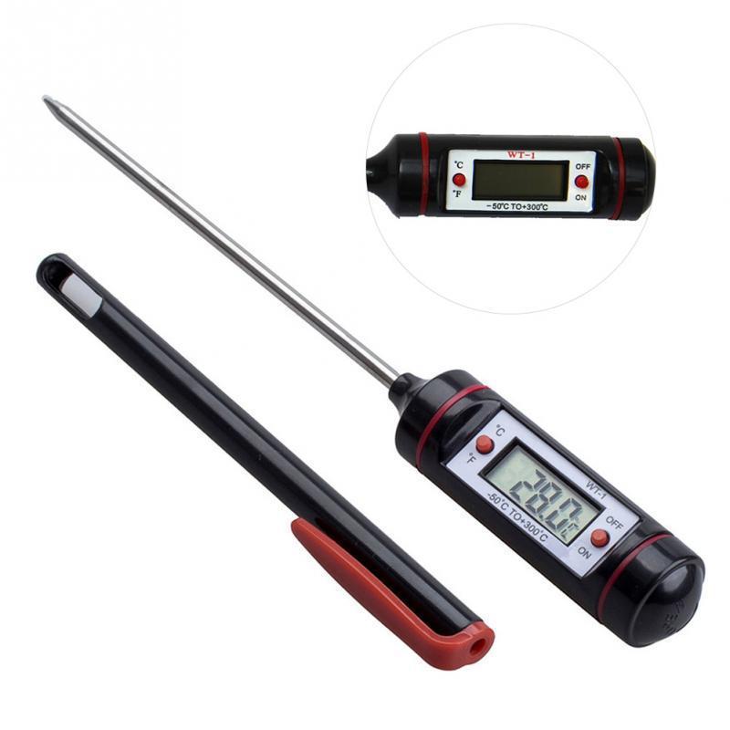 Digital pen thermometer with black and red color scheme, LCD display, and stainless steel probe.