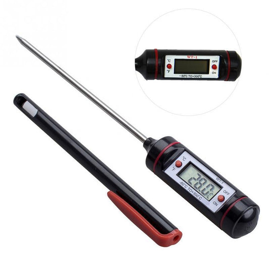 Digital pen thermometer with black and red color scheme, LCD display, and stainless steel probe.